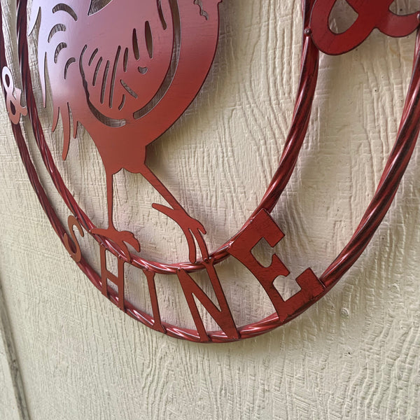 #SI_B9504 RISE & SHINE 24" RED ROOSTER CHICKEN METAL SIGN WESTERN HOME DECOR HANDMADE NEW