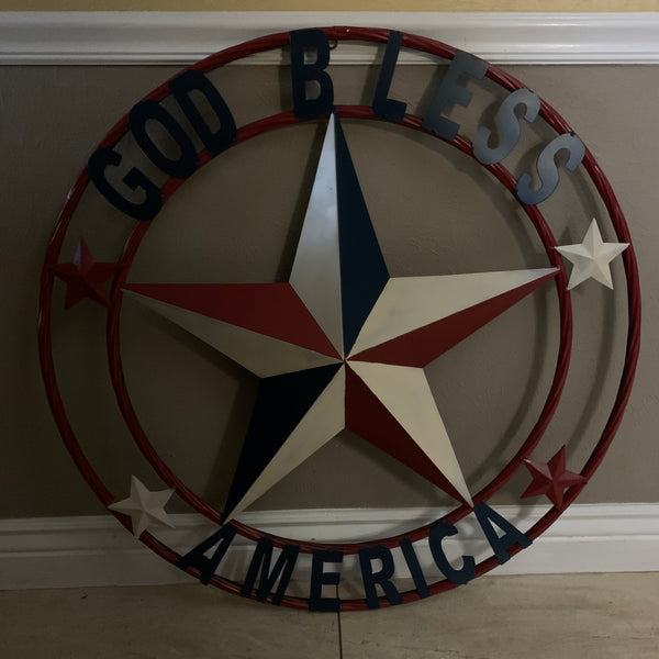 #EH10489 GOD BLESS AMERICA USA FLAG BARN STAR METAL RED WHITE BLUE WESTER HOME DECOR HANDMADE NEW