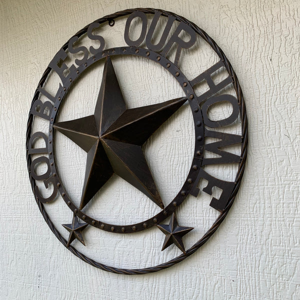 24" GOD BLESS OUR HOME BEADED BARN STAR WITH TWISTED ROPE RING DESIGN METAL WALL ART WESTERN HOME DECOR VINTAGE RUSTIC DARK BRONZE COPPER NEW