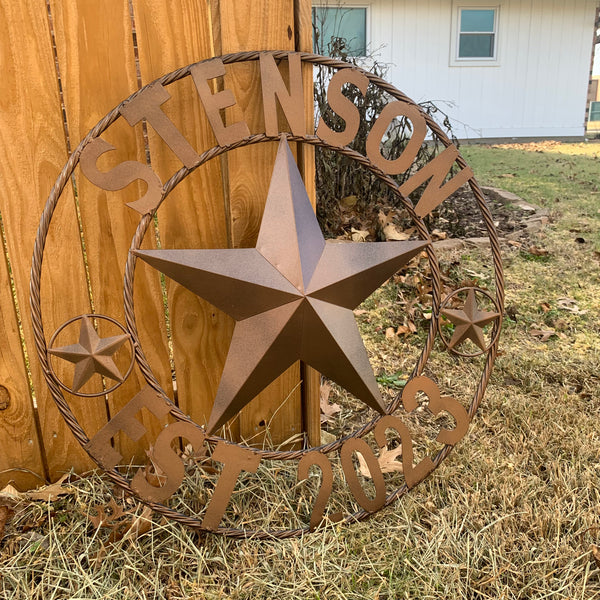 STENSON STYLE YOUR CUSTOM STAR NAME BARN METAL STAR 3d TWISTED ROPE RING WESTERN HOME DECOR RUSTIC BRONZE COPPER NEW HANDMADE 24",32",34",36",40",42",44",46",50"