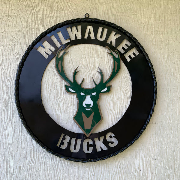 24" MILWAUKEE BUCKS WIDE BAND DISC STYLE METAL CUSTOM VINTAGE CRAFT TEAM SPORTS SIGN HANDMADE