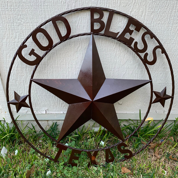 #EH11085 GOD BLESS TEXAS BROWN BARN STAR METAL LONE STAR TWISTED ROPE RING WESTERN HOME DECOR HANDMADE NEW