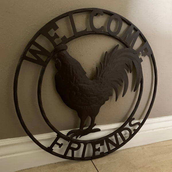 24" WELCOME FRIENDS ROOSTER WESTERN METAL ANIMAL ART HOME WALL ART RUSTIC BROWN COLOR