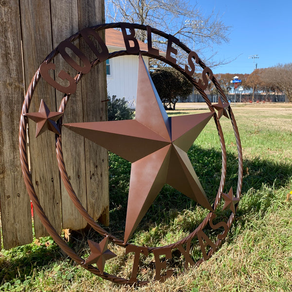 #EH11085 GOD BLESS TEXAS BROWN BARN STAR METAL LONE STAR TWISTED ROPE RING WESTERN HOME DECOR HANDMADE NEW