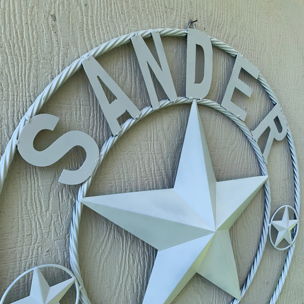 SANDER STYLE YOUR CUSTOM NAME STAR METAL BARN WHITE STAR 3d WITH TWISTED ROPE RING DESIGN METAL WALL ART WESTERN HOME DECOR VINTAGE RUSTIC NEW HANDMADE, 24", 32", 36", 40", 44", 46", 50"