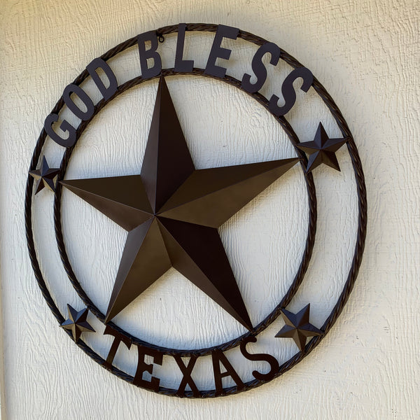 #EH11085 GOD BLESS TEXAS BROWN BARN STAR METAL LONE STAR TWISTED ROPE RING WESTERN HOME DECOR HANDMADE NEW