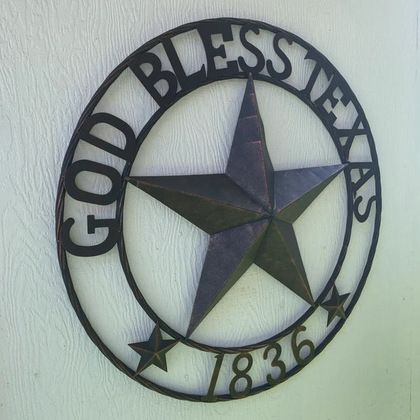 24",32" 1836 GOD BLESS TEXAS 1836 BARN METAL STAR TWISTED ROPE RING WESTERN HOME DECOR RUSTIC BRONZE NEW
