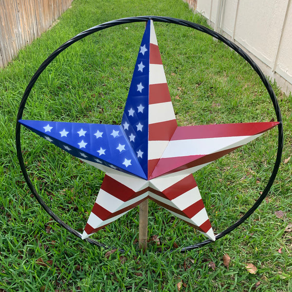 AMERICAN Flag USA Metal Barn Star RED WHITE & BLUE with Black Rope Ring Western Home Decor Handmade 12",16",24",30",34",36",40",48"
