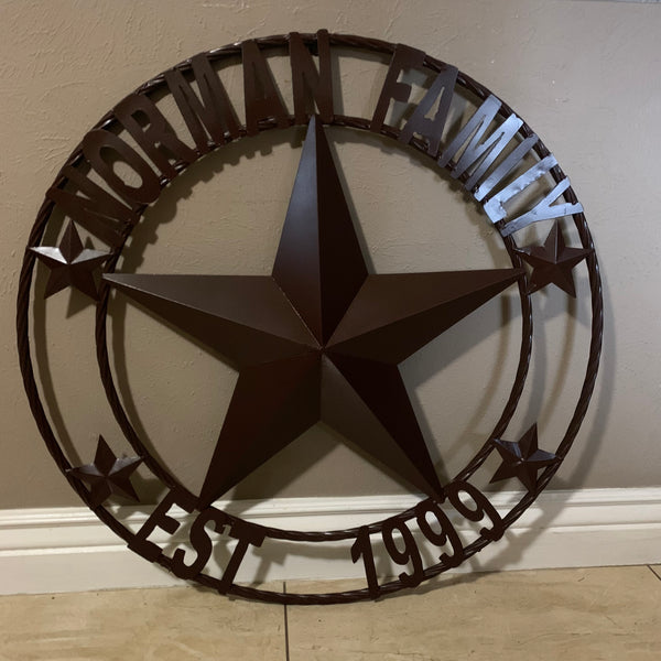 KOLET FAMILY STYLE YOUR CUSTOM FAMILY NAME STAR METAL BARN STAR ROPE RING KOLET FAMILY WESTERN HOME DECOR VINTAGE RUSTIC BROWN NEW HANDMADE 24",32",34",36",40",42",44",46",50"