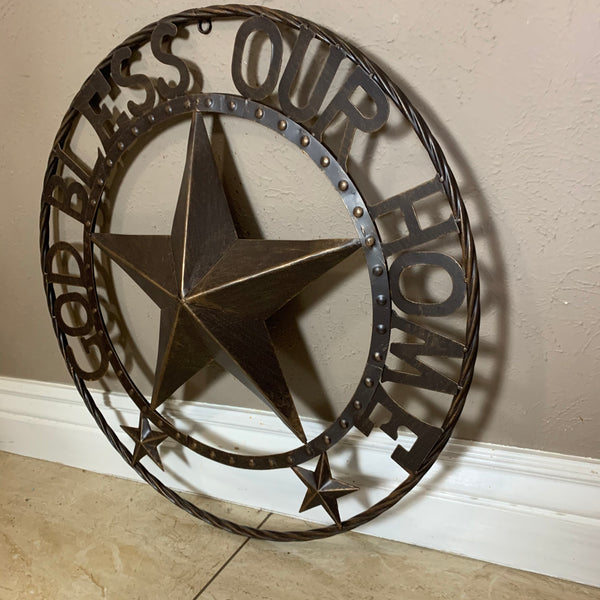 24" GOD BLESS OUR HOME BEADED BARN STAR WITH TWISTED ROPE RING DESIGN METAL WALL ART WESTERN HOME DECOR VINTAGE RUSTIC DARK BRONZE COPPER NEW