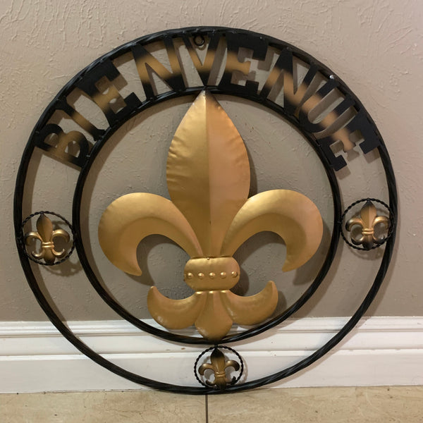 BIENVENUE FLEUR DE LIS METAL WALL ART WESTERN HOME DECOR RUSTIC GOLD & BLACK NEW--FREE SHIPPING