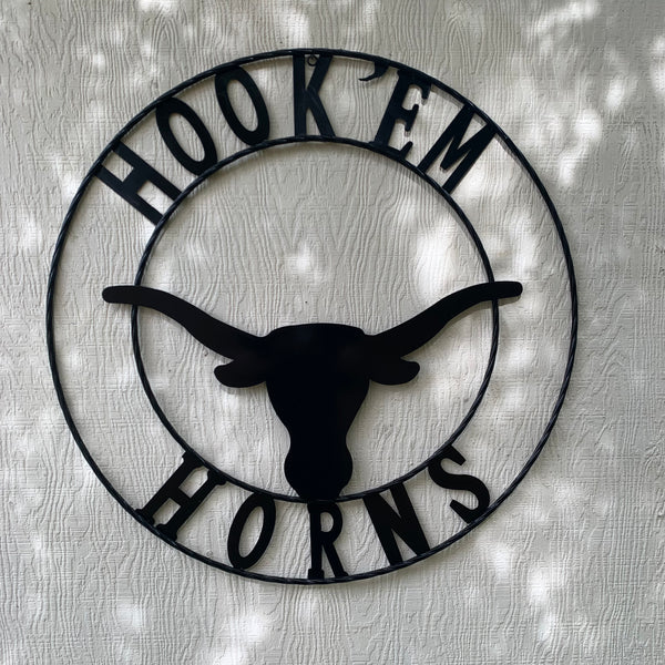 HOOKEM HORNS GLOSSY BLACK TEXAS LONGHORNS HOOK EM METAL CUSTOM VINTAGE CRAFT WALL ART TEAM SIGN HANDMADE