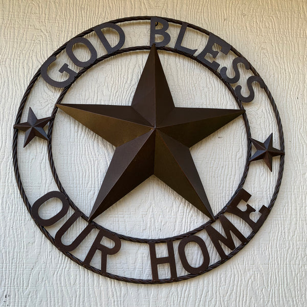 #EH11021 GOD BLESS OUR HOME BARN METAL STAR TWISTED ROPE RING WESTERN HOME DECOR HANDMADE NEW