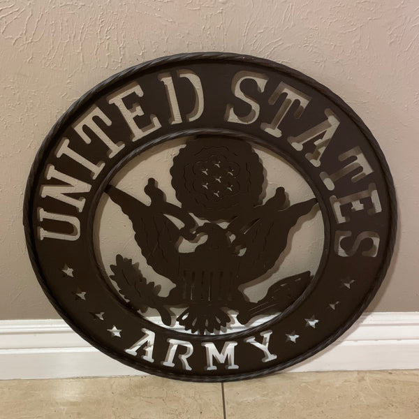 24" USA ARMY MILITARY BROWN  METAL DISC STYLE WALL ART DECOR VINTAGE CRAFT WESTERN HOME DECOR NEW