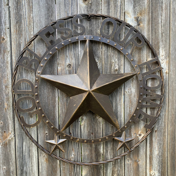 24" GOD BLESS OUR HOME BEADED BARN STAR WITH TWISTED ROPE RING DESIGN METAL WALL ART WESTERN HOME DECOR VINTAGE RUSTIC DARK BRONZE COPPER NEW