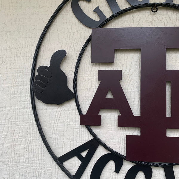 TEXAS A&M, GIGEM AGGIES THUMBS UP METAL CUSTOM VINTAGE CRAFT TEAM SIGN HANDMADE