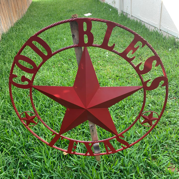 24",32",40",50" BURGUNDY RED GOD BLESS TEXAS BARN STAR ROPE RING METAL WALL ART WESTERN HOME DECOR NEW