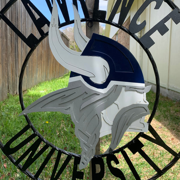 LAWRENCE UNIVERSITY METAL CUSTOM VINTAGE CRAFT WALL ART RUSTIC BLUE SILVER WHITE TEAM SIGN HANDMADE