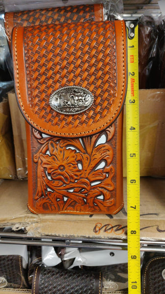 #LG703907  7" COWBOY PRAYING CHURCH TAN BROWN LEATHER POUCH EXTRA LARGE  BELT LOOP HOLSTER CELL PHONE CASE UNIVERSAL OVERSIZE