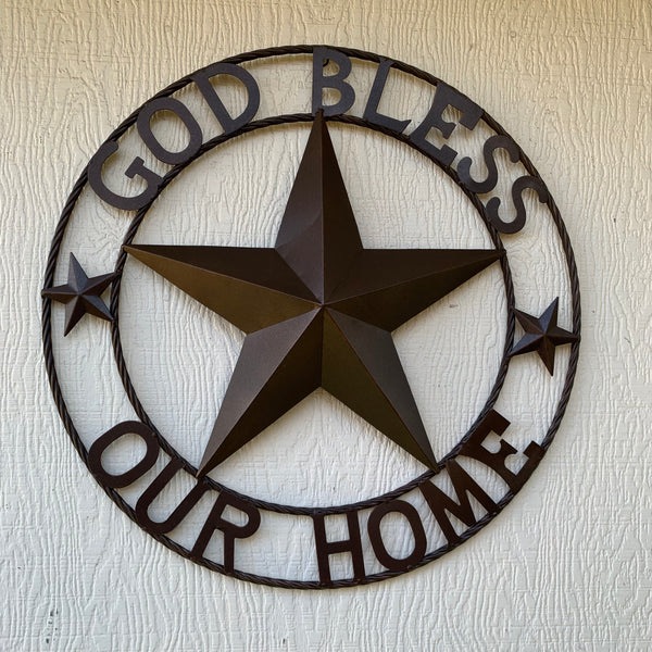 #EH11021 GOD BLESS OUR HOME BARN METAL STAR TWISTED ROPE RING WESTERN HOME DECOR HANDMADE NEW