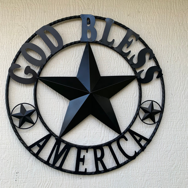#EH10562 GOD BLESS AMERICA BLACK METAL BARN STAR WESTERN HOME DECOR HANDMADE NEW