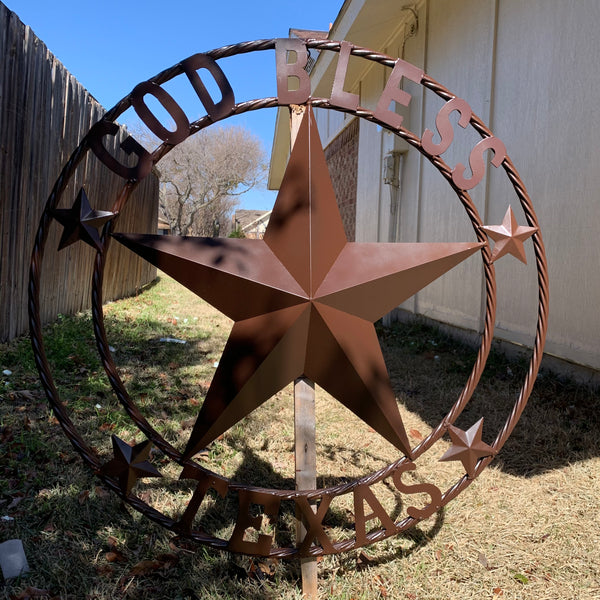 #EH11085 GOD BLESS TEXAS BROWN BARN STAR METAL LONE STAR TWISTED ROPE RING WESTERN HOME DECOR HANDMADE NEW