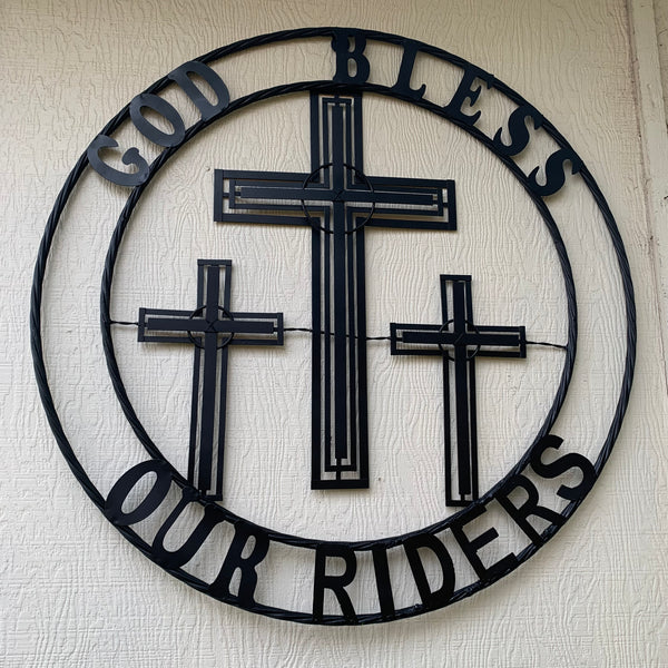 40"GOD BLESS OUR RIDERS CRUCIFIX BLACK CROSS METAL WALL ART HANDMADE