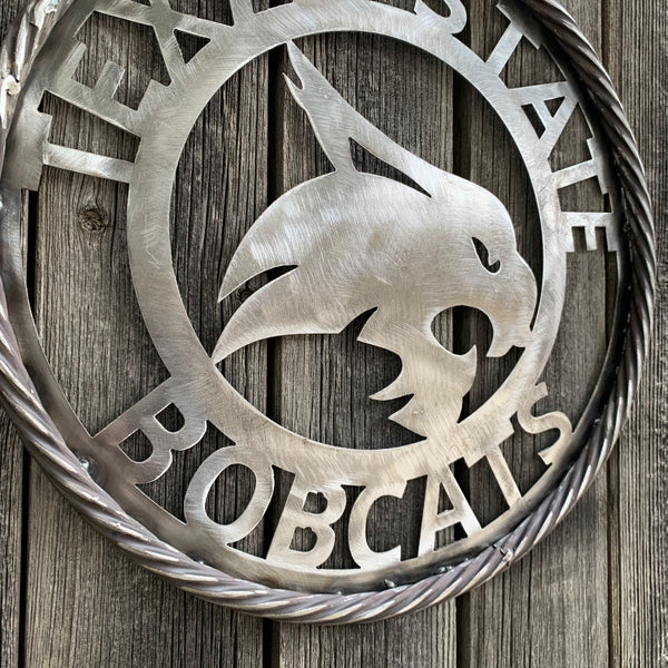 12" TEXAS STATE BOBCATS CUSTOM RAW METAL VINTAGE CRAFT SIGN TEAM ART HANDMADE IN TEXAS