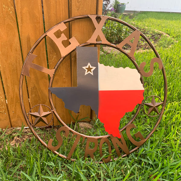 24" TEXAS STRONG BARN METAL WALL ART SIGN WESTERN HOME DECOR RED WHITE BLUE HANDMADE
