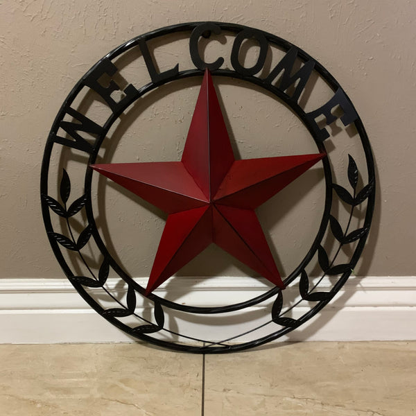 24" WELCOME LEAF LEAVES STAR METAL WALL ART WESTERN HOME DECOR RUSTIC RED HANDMADE
