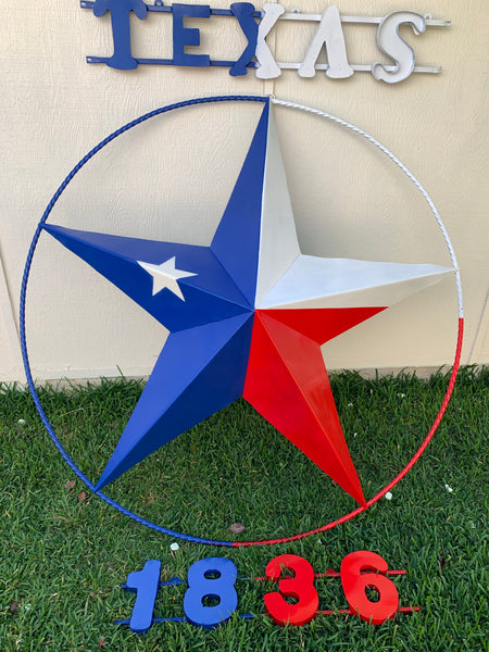 48", 60", 72" RED WHITE BLUE TX FLAG BARN META STAR WITH TEXAS 1836 SIGN WESTERN HOME DECOR METAL ART VINTAGE RUSTIC RED WHITE & BLUE ART