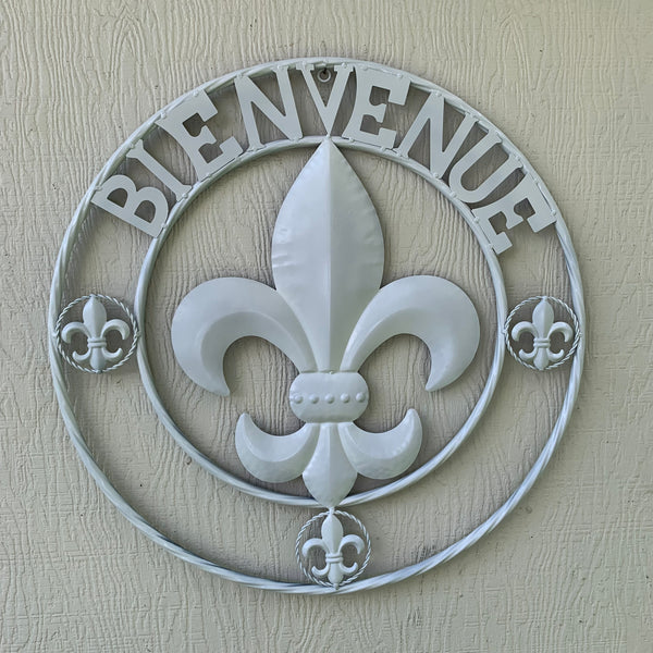 24", 32" GLOSS WHITE FLEUR DE LIS BIENVENUE METAL WALL ART WESTERN HOME DECOR