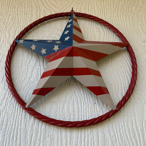 AMERICAN Flag USA Metal Barn Star RED , BEIGE, NAVY BLUE WITH RED Rope Ring Western Home Decor Handmade 12",16",24",30",34",36",40",48"
