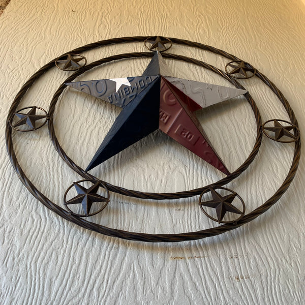24" LICENSE PLATE MULTI STAR RED WHITE BLUE METAL BARN STAR WESTERN HOME DECOR NEW