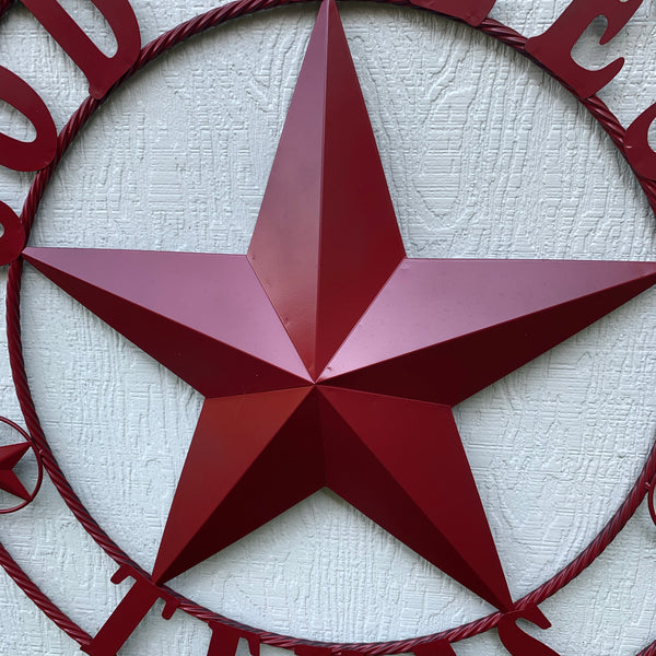 24",32",40",50" BURGUNDY RED GOD BLESS TEXAS BARN STAR ROPE RING METAL WALL ART WESTERN HOME DECOR NEW