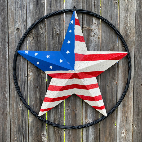 24" AMERICAN USA FLAG CRACKLE STAR METAL WALL ART WESTERN HOME DECOR HANDMADE NEW