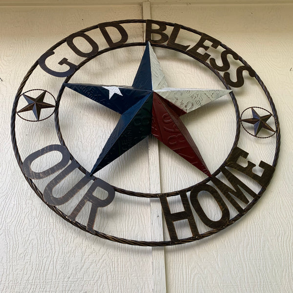 24", 32", 40" GOD BLESS OUR HOME LICENSE PLATE BARN METAL STAR ROPE RING WALL ART WESTERN HOME DECOR RED WHITE & BLUE