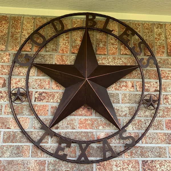 #EH10197 GOD BLESS TEXAS BARN STAR METAL LONESTAR TWISTED ROPE RING WESTERN HOME DECOR HANDMADE NEW