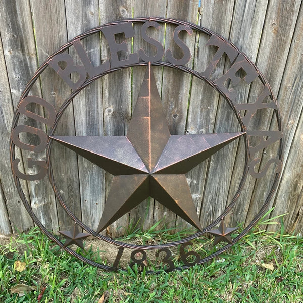 24",32" 1836 GOD BLESS TEXAS 1836 BARN METAL STAR TWISTED ROPE RING WESTERN HOME DECOR RUSTIC BRONZE NEW