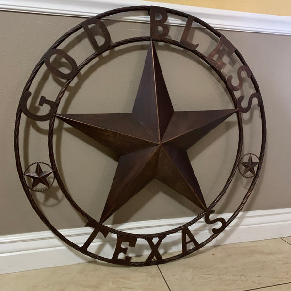 #EH10197 GOD BLESS TEXAS BARN STAR METAL LONESTAR TWISTED ROPE RING WESTERN HOME DECOR HANDMADE NEW