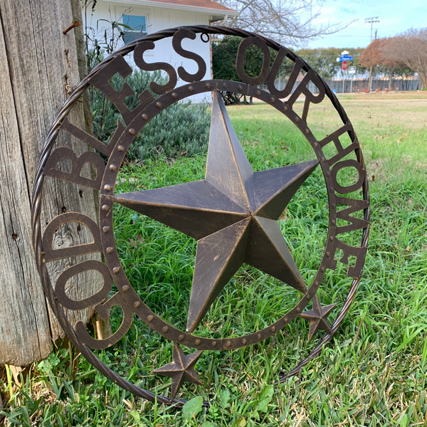24" GOD BLESS OUR HOME BEADED BARN STAR WITH TWISTED ROPE RING DESIGN METAL WALL ART WESTERN HOME DECOR VINTAGE RUSTIC DARK BRONZE COPPER NEW