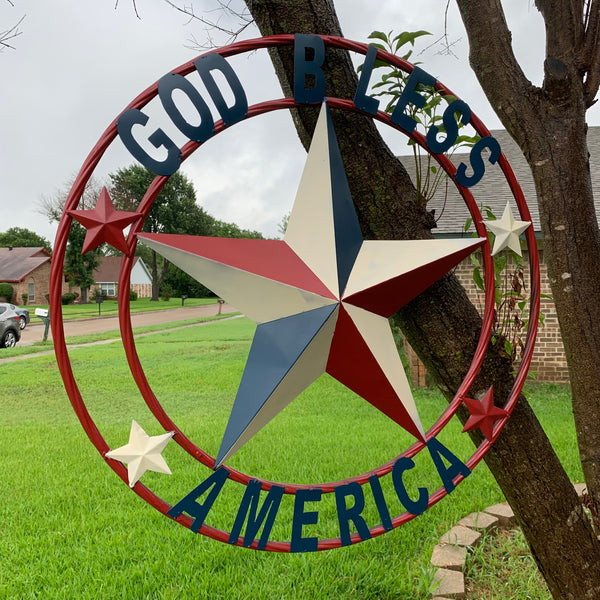 #EH10489 GOD BLESS AMERICA USA FLAG BARN STAR METAL RED WHITE BLUE WESTER HOME DECOR HANDMADE NEW