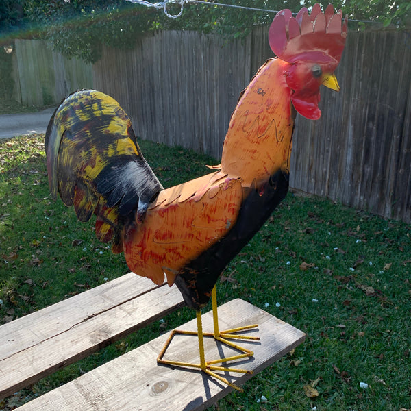 #34-025 RUSTIC ORANGE RED ROOSTER 18",30",40" GARDEN METAL ANIMAL SCULPTURE METAL DECOR ORNAMENT 16"L x 20" high