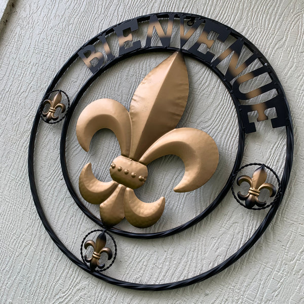 BIENVENUE FLEUR DE LIS METAL WALL ART WESTERN HOME DECOR RUSTIC GOLD & BLACK NEW--FREE SHIPPING