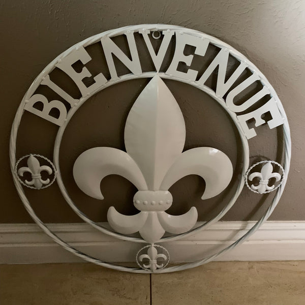 24", 32" GLOSS WHITE FLEUR DE LIS BIENVENUE METAL WALL ART WESTERN HOME DECOR