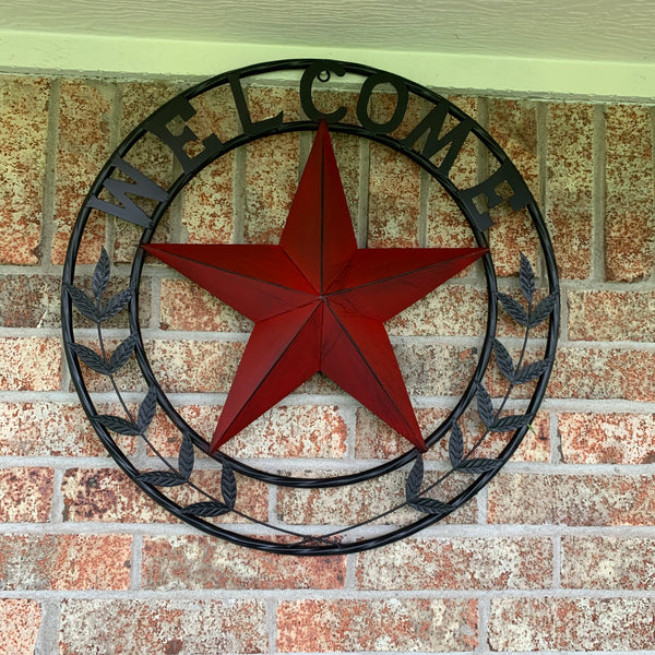 24" WELCOME LEAF LEAVES STAR METAL WALL ART WESTERN HOME DECOR RUSTIC RED HANDMADE