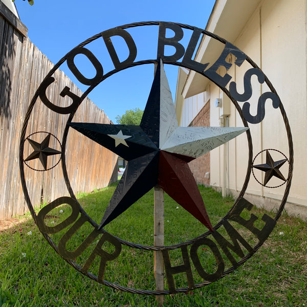 24", 32", 40" GOD BLESS OUR HOME LICENSE PLATE BARN METAL STAR ROPE RING WALL ART WESTERN HOME DECOR RED WHITE & BLUE