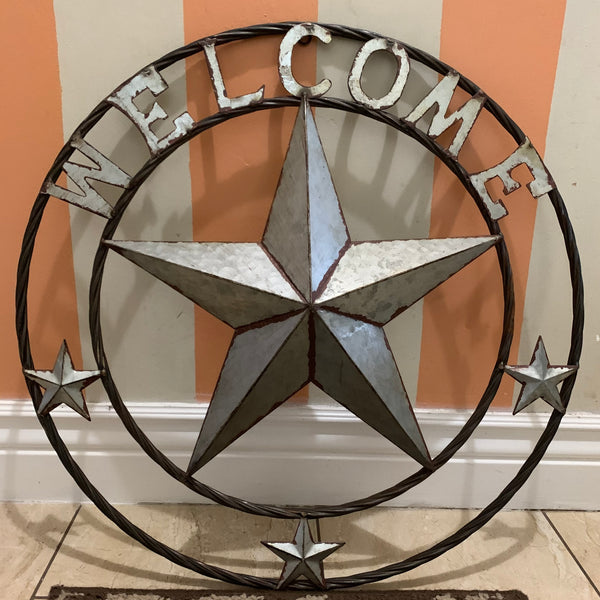 #RT6160 WELCOME GALV 24" METAL BARN STAR TWISTED RING WESTERN HOME DECOR HANDMADE NEW
