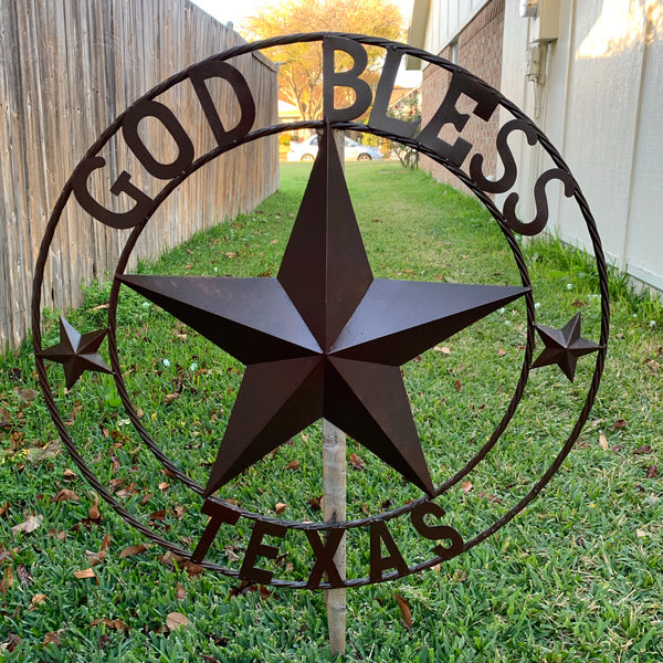 #EH11085 GOD BLESS TEXAS BROWN BARN STAR METAL LONE STAR TWISTED ROPE RING WESTERN HOME DECOR HANDMADE NEW