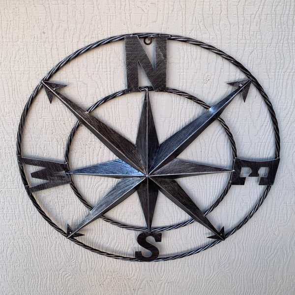 #SI_B8235 COMPASS 24" GREY METAL SIGN WESTERN HOME DECOR HANDMADE NEW